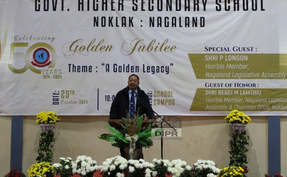 MLA P Longon speaking at the golden jubilee celebration of GHSS Noklak on October 25. (DIPR Photo)